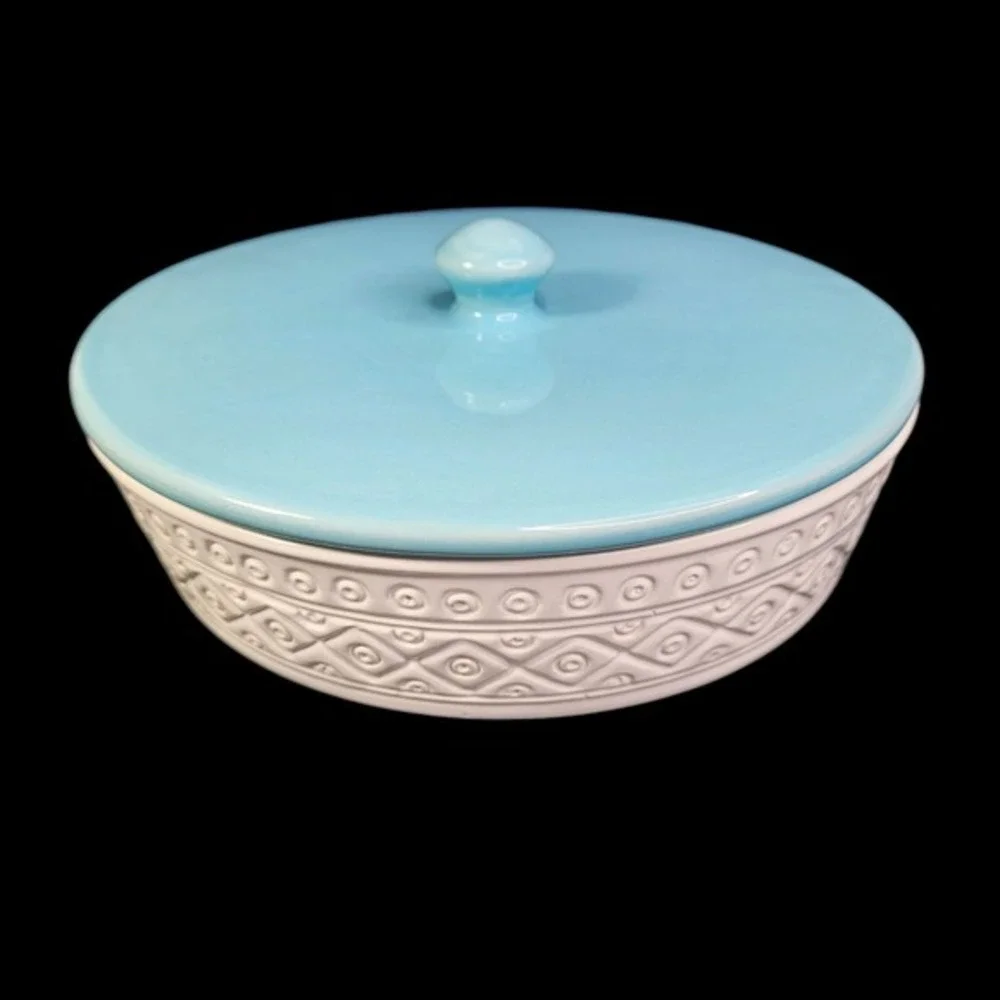 Crate and Barrel Tiago Covered Dish‎ Tortilla Server Blue Lid Portugal Ceramic